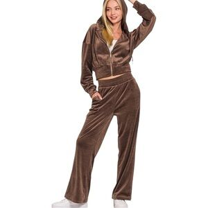 Zenana Velvet Zip Up Hoodie and Pants Set